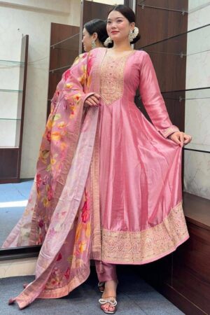 Pastel Pink Roman Silk Embroidered Suit Set with Floral Dupatta – Exclusive Festive Collection