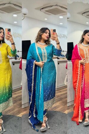 Festival Collection 2025 – Chinon Bandhani Suit Set with Sequin Coding & Gota Patti Work (3-Piece Set)