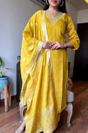 Showroom Collection – Heavy Roman Silk Suit Set with Jacquard Dupatta