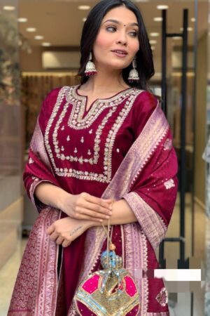 Heavy Roman Silk Embroidered Suit Set with Jacquard Zari Dupatta – 3 Piece Stitched